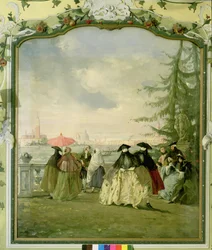 Maskiertes Paar in den Giardini, Venedig